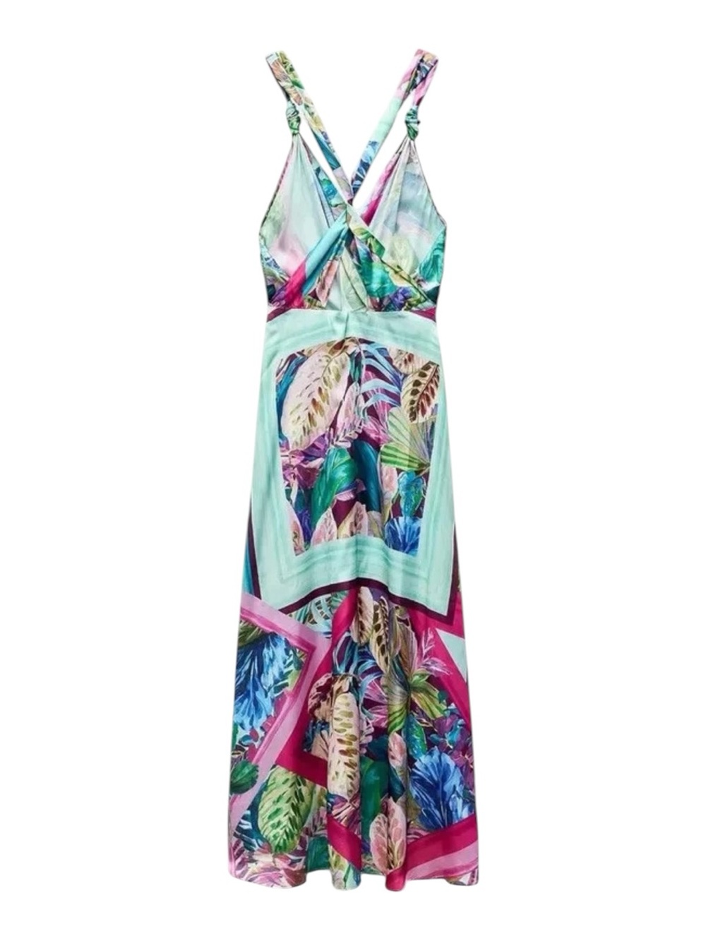 Zara Satin Effect Tropical Print Midi Dress NWT Size M Colorful Resort Vacation - Picture 6 of 9